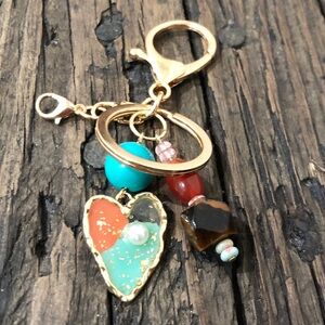 Beaded Heart Keychain with Turquoise and Gemstones